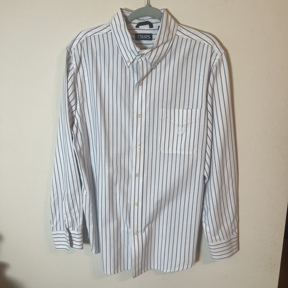 Chaps Button Down Shirt Mens Large Blue Stripe Pocket Crest Cotton Collared